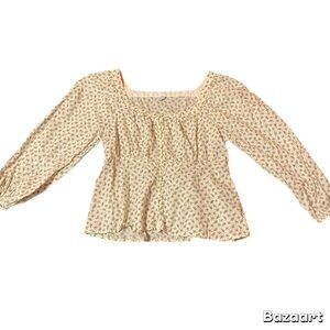 Old Navy Women’s Beige Leaf Blouse w Gold Cottagecore Long Sleeve Size Large